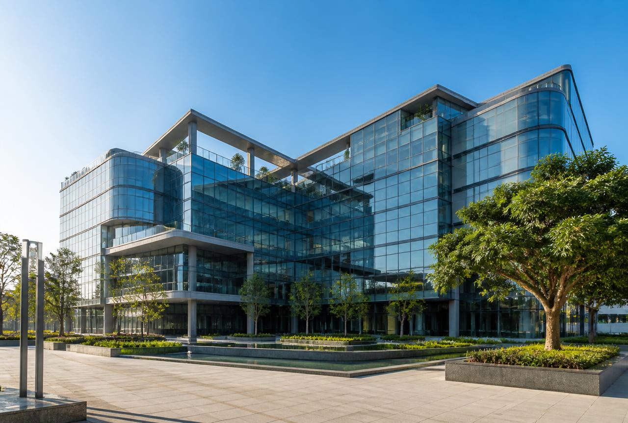 Glass commercial office tower campus with an Aquatron sewage treatment plant